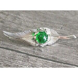 Vintage Feather Brooch with Emerald Green Poured Glass Stone